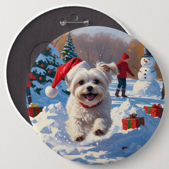 Malteser Hund läuft im Schnee mit Weihnachtshut Button (Vorne & Hinten)