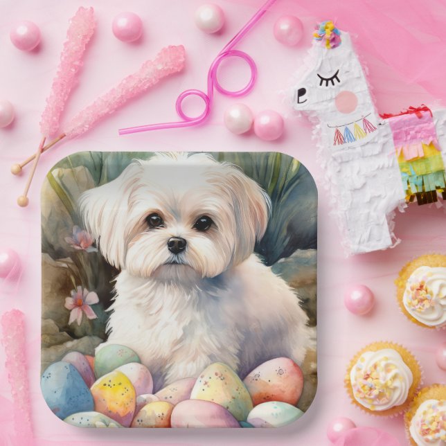 Malteser Hund mit Ostereier Urlaub Pappteller (Party)
