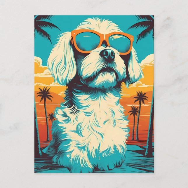 Malteser Hund mit Sonnenbrille am Strand Postkarte (Vorderseite)