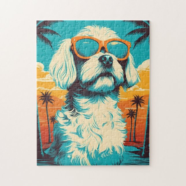Malteser Hund mit Sonnenbrille am Strand Puzzle (Vertikal)