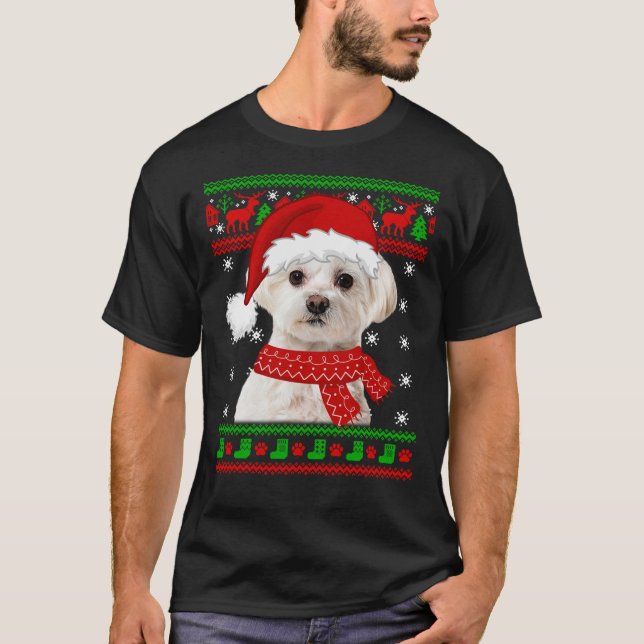 Malteser Hund Ugly Sweater Christmas Welpe Hund Lo T-Shirt (Vorderseite)
