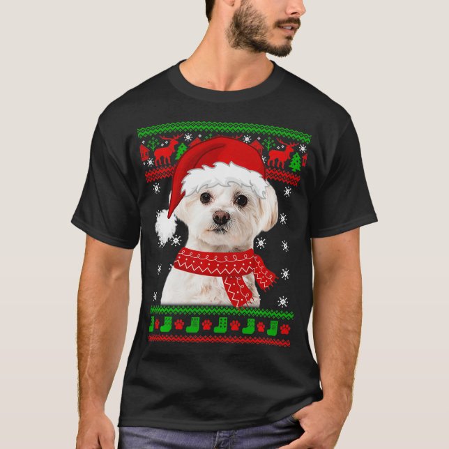 Malteser Hund Ugly Sweater Christmas Welpe Hund Lo T-Shirt (Vorderseite)