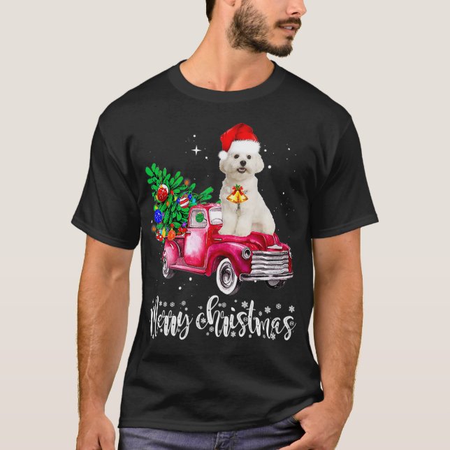 Malteser Hund Weihnachtsfahrt Red Truck T-Shirt (Vorderseite)