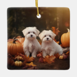Malteser Welpe Herbstfreude Kürbis Keramikornament