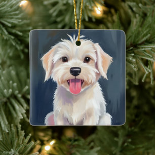 Malteser Welpe   Weißer Hund Gemälde Keramikornament