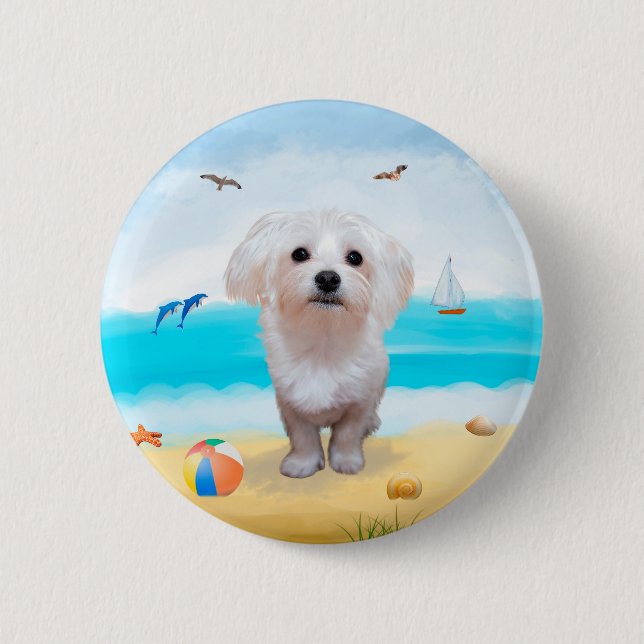 Malteserhund am Strand Button (Vorderseite)