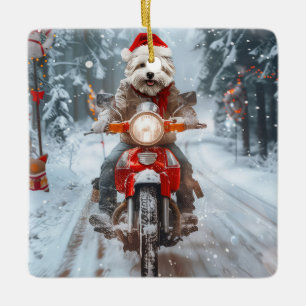 Malteserhund fährt auf Motorrad Weihnachten Keramikornament