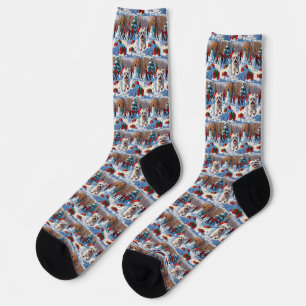 Malteserhund läuft im Schnee mit Weihnachtsmütze Socken