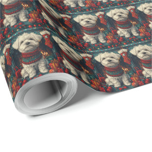Malteserhund mit Weihnachtsgeschenken Kamin Geschenkpapier