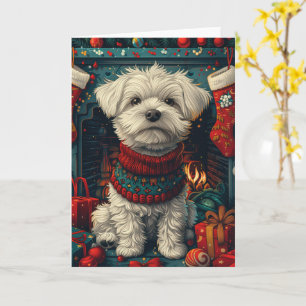 Malteserhund mit Weihnachtsgeschenken Kamin Karte
