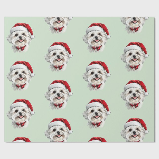 Malteserhund mit Weihnachtsmannmütze Geschenkpapier (Flach)