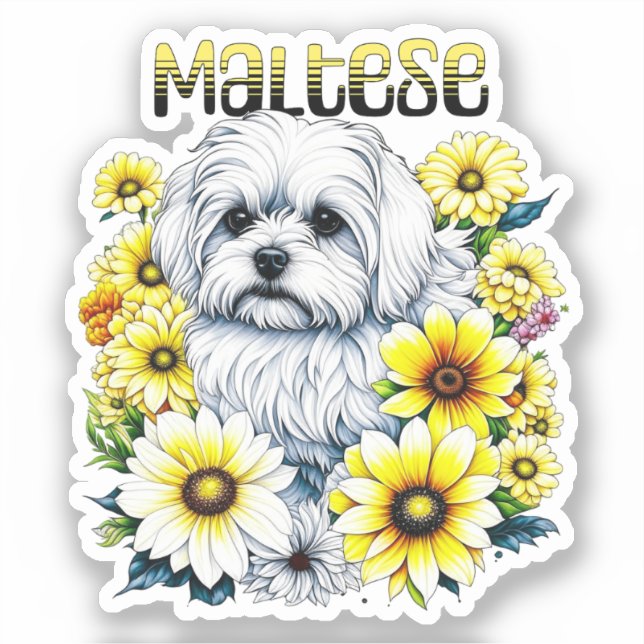 Maltesisch klein: Weiße Hundebraue in gelben Blume Aufkleber (Vorderseite)