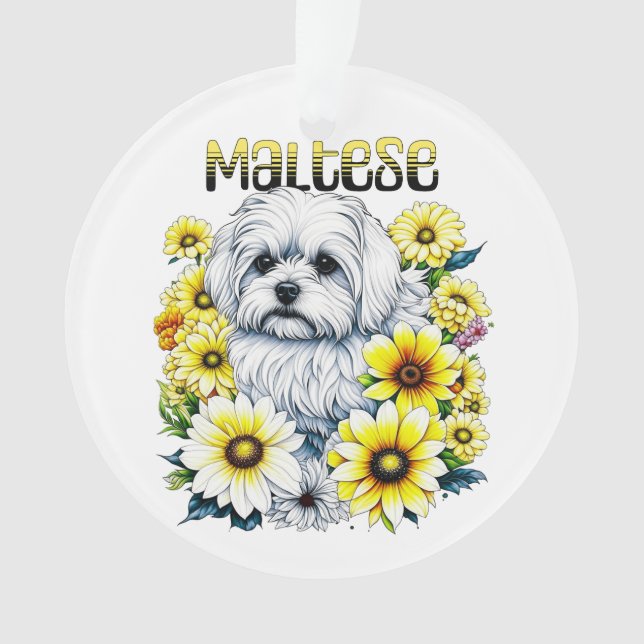 Maltesisch klein: Weiße Hundebraue in gelben Blume Ornament (Vorderseite)