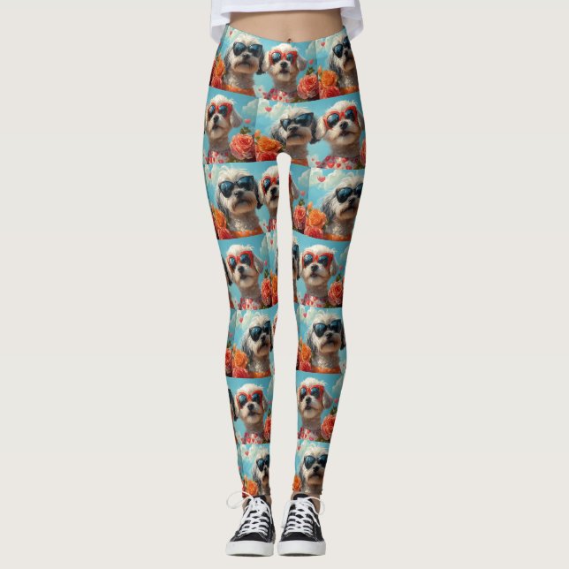Maltesisch mit Herz-Rose Valentinstag Leggings (Vorderseite)