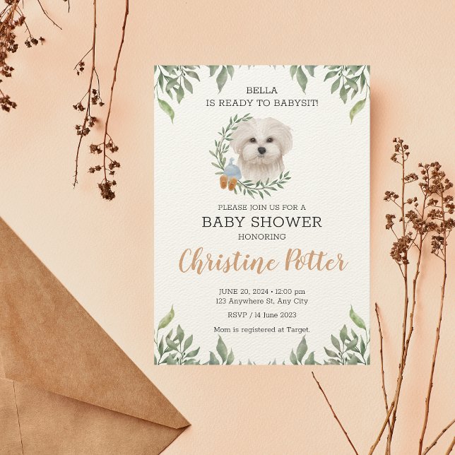 Maltesisch White Dog Boy Boho Greenery Baby Shower Einladung (Von Creator hochgeladen)