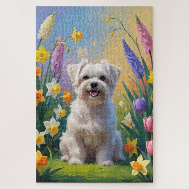 Maltesische Dog Spring Blumen Malerei Puzzle (Vertikal)