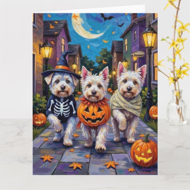 Maltesische Hunde Trick-or-Treating Halloween-Kost Karte (Gelbe Blume)