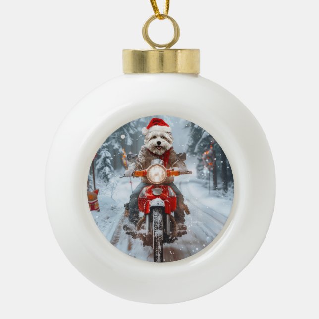 Maltesischer Hund reitend Motorrad Weihnachten Keramik Kugel-Ornament