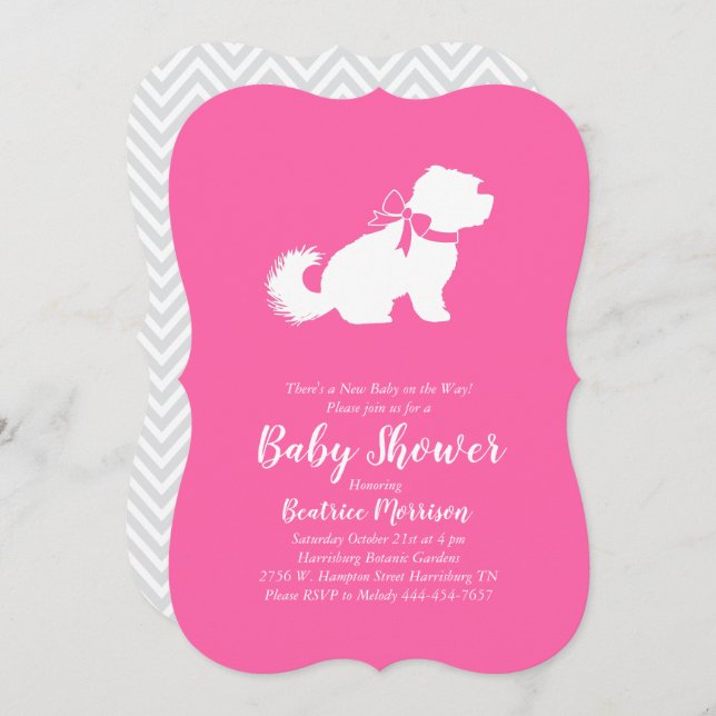 Maltesischer Hunde Baby Dusche Pink Girl Einladung (Vorne/Hinten)