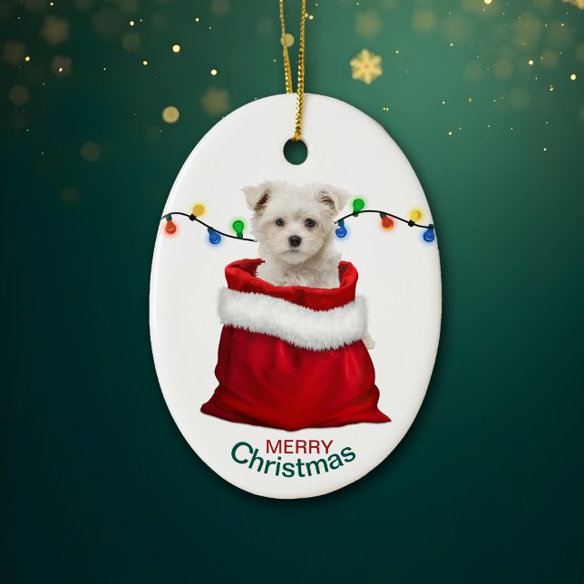 Maltesischer Welpenhund in Holiday Gift Bag Keramik Ornament (Von Creator hochgeladen)