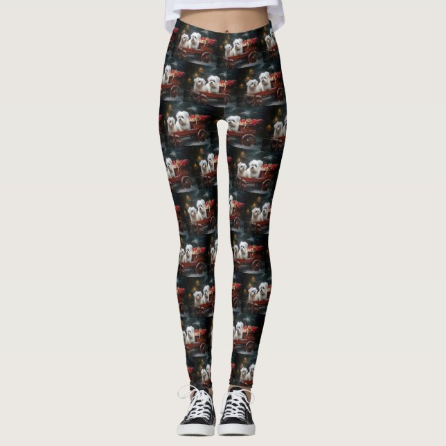 Maltesisches Snowy Sleigh Weihnachtsdekor Leggings (Vorderseite)