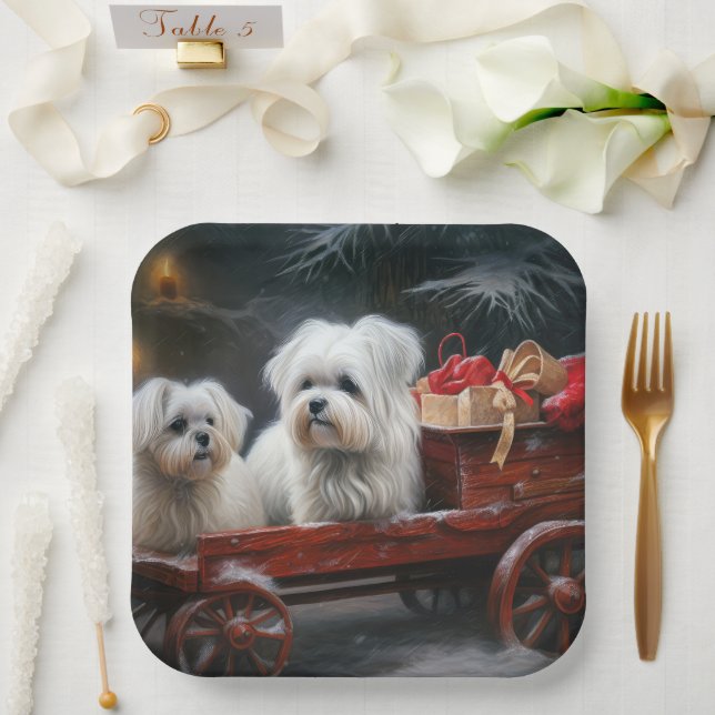Maltesisches Snowy Sleigh Weihnachtsdekor Pappteller (Hochzeit)