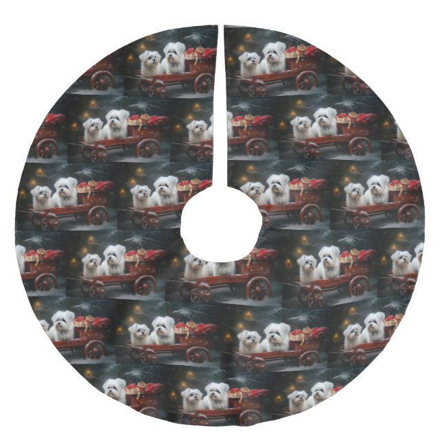 Maltesisches Snowy Sleigh Weihnachtsdekor Polyester Weihnachtsbaumdecke (Vorderseite)