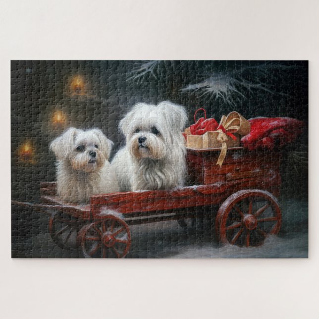 Maltesisches Snowy Sleigh Weihnachtsdekor Puzzle (Horizontal)