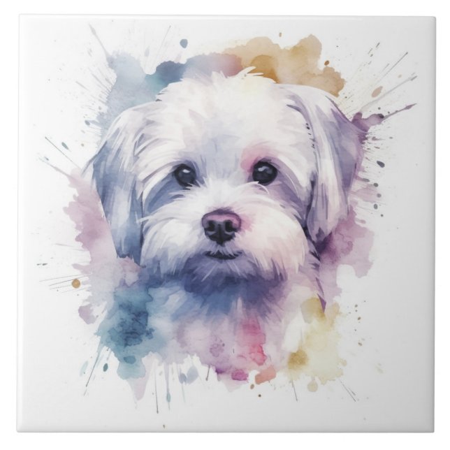 Maltesisches Terrier Watercolor-Hundin Fliese (Vorderseite)