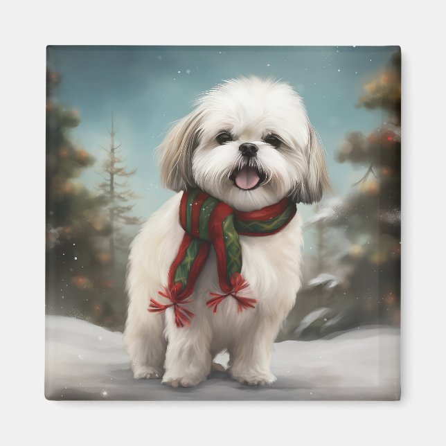 Malti Tzu Dog im Schnee Weihnachten Magnet (Vorne)