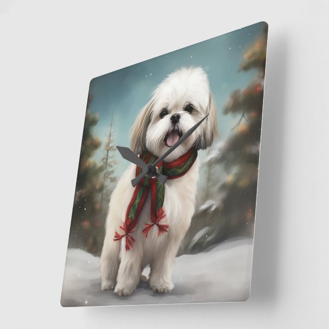 Malti Tzu Dog im Schnee Weihnachten Quadratische Wanduhr (Winkel)