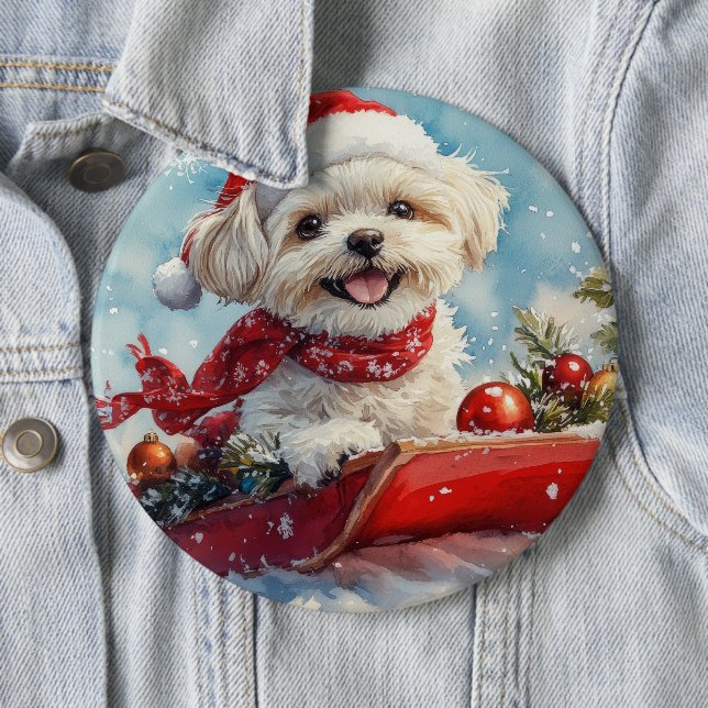 Malti Tzu Dog in Sledge Let it Schnee Weihnachten Button (Beispiel)