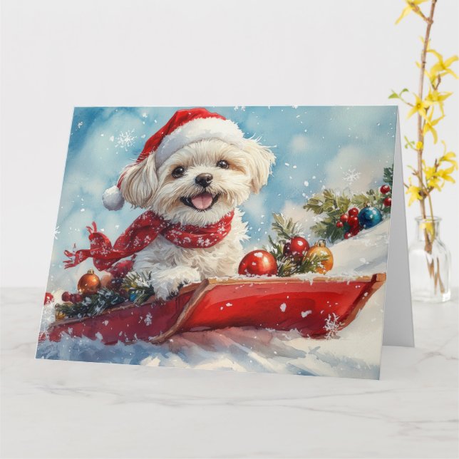 Malti Tzu Dog in Sledge Let it Schnee Weihnachten Karte (Gelbe Blume)