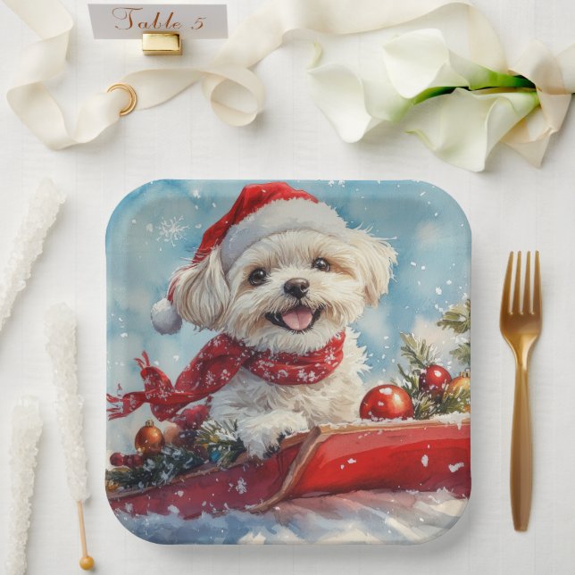 Malti Tzu Dog in Sledge Let it Schnee Weihnachten Pappteller (Hochzeit)