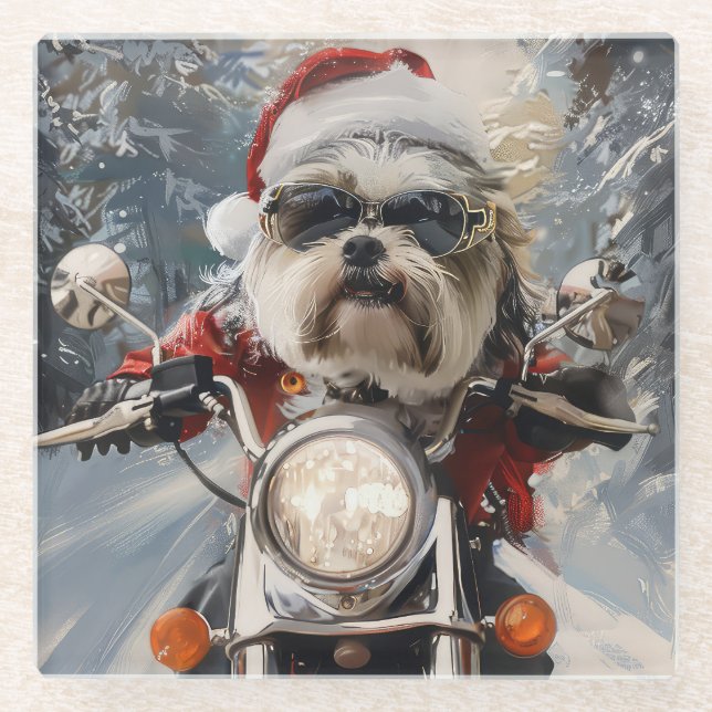 Malti Tzu Dog Riding Motorrad Weihnachten Glasuntersetzer (Vorderseite)