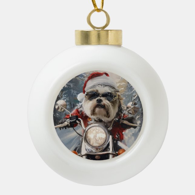 Malti Tzu Dog Riding Motorrad Weihnachten Keramik Kugel-Ornament (Vorderseite)