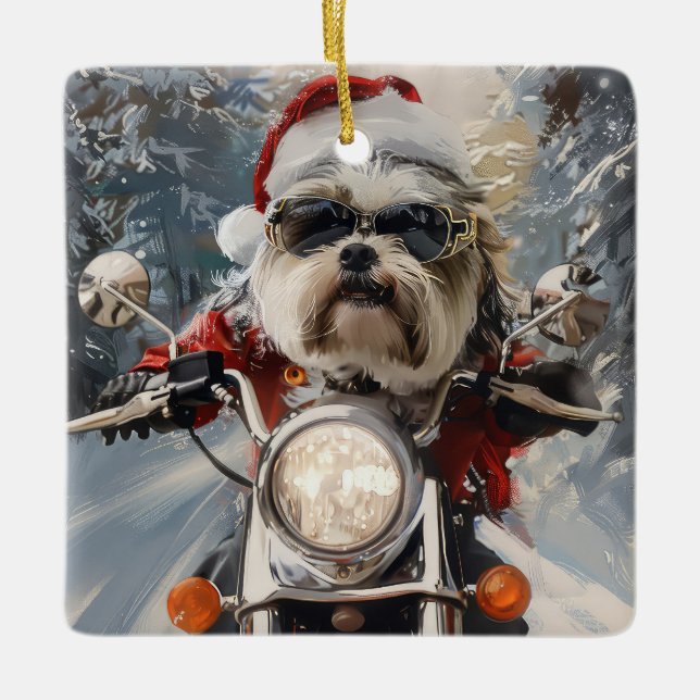 Malti Tzu Dog Riding Motorrad Weihnachten Keramikornament (Vorderseite)