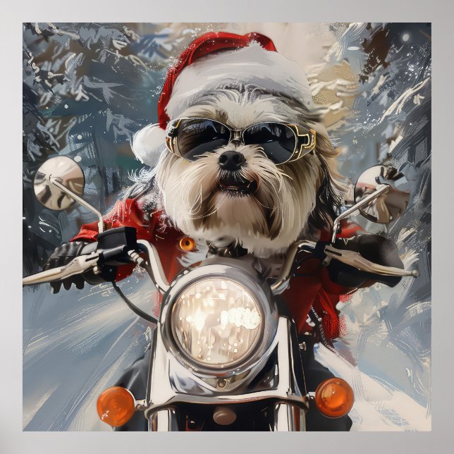 Malti Tzu Dog Riding Motorrad Weihnachten Poster (Vorne)