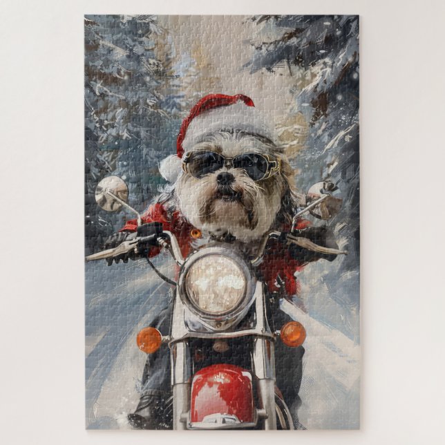 Malti Tzu Dog Riding Motorrad Weihnachten Puzzle (Vertikal)