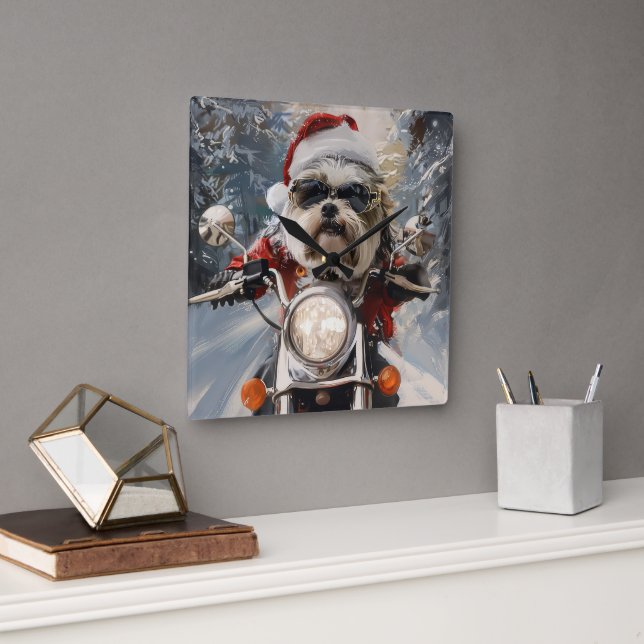 Malti Tzu Dog Riding Motorrad Weihnachten Quadratische Wanduhr (Büro)