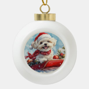 Malti Tzu Hund im Schlitten Lass es schneien Weih Keramik Kugel-Ornament