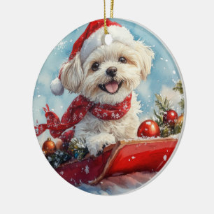 Malti Tzu Hund im Schlitten Lass es schneien Weih Keramik Ornament