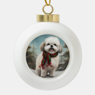 Malti Tzu Hund im Schnee Weihnachten Keramik Kugel-Ornament