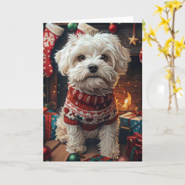 Malti Tzu Hund mit Weihnachtsgeschenken Feuerplatz Karte (Gelbe Blume)