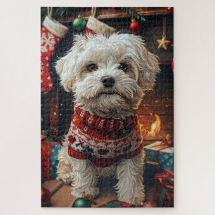 Malti Tzu Hund mit Weihnachtsgeschenken Feuerplatz Puzzle