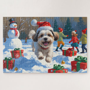 Malti Tzu läuft im Schnee mit Weihnachtshut Puzzle