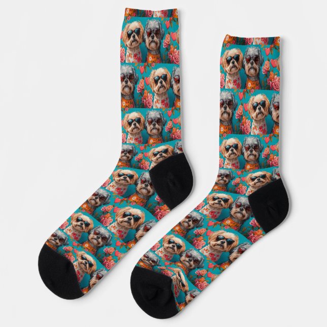 Malti Tzu mit Herz-Rose Valentinstag Socken (Linkes Detail)