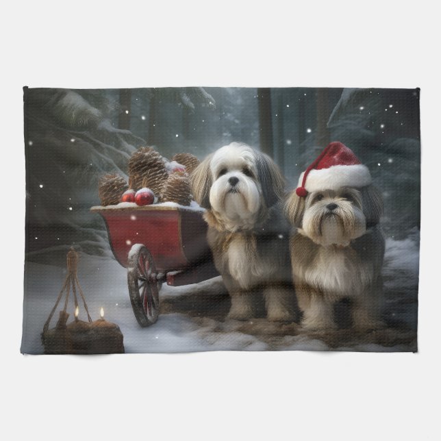 Malti tzu Snowy Sleigh Weihnachtsdekor Geschirrtuch (Horizontal)