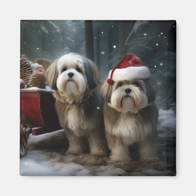 Malti tzu Snowy Sleigh Weihnachtsdekor Magnet (Vorne)