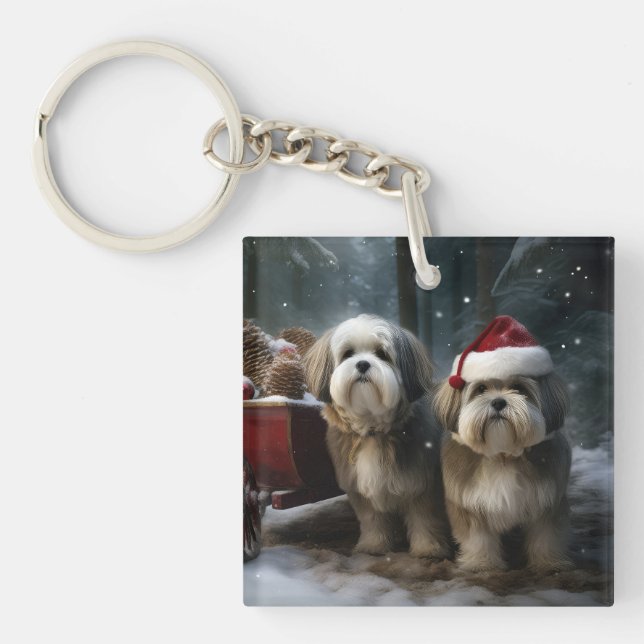 Malti tzu Snowy Sleigh Weihnachtsdekor Schlüsselanhänger (Vorderseite)